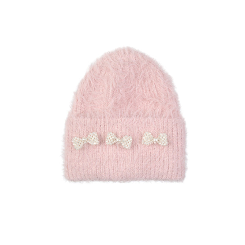 Pearl Bowknot Solid Color Knitted Hat for Women, Autumn and Winter, Girly Atmosphere Long Wool Knitted Hat