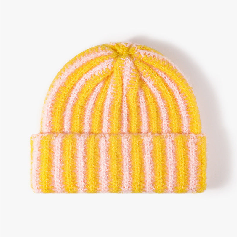 Korean Style Color-Block Striped Double-Layer Knitted Hat Thickened Autumn Winter Versatile Fashion Trendy Ins Style Rolled Edge Wool Hat for Women