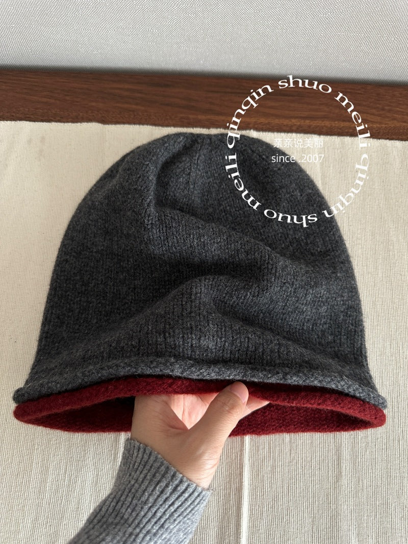 100% Wool Pure Wool Double-Sided Slouchy Beanie for Women, Autumn and Winter Cool High Elasticity Knitted Hat