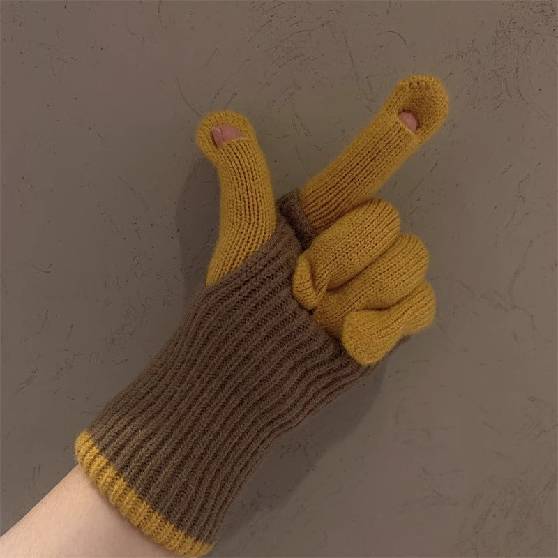 Milad Winter Dual-use Color-blocking Knitted Wool Gloves for Women, Fingerless, Touchscreen-compatible, Warm for Riding