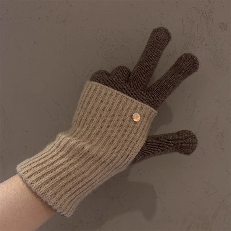 Milad Winter Dual-use Color-blocking Knitted Wool Gloves for Women, Fingerless, Touchscreen-compatible, Warm for Riding
