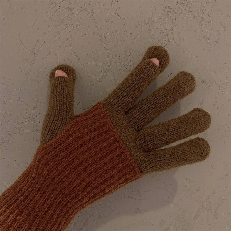 Milad Winter Dual-use Color-blocking Knitted Wool Gloves for Women, Fingerless, Touchscreen-compatible, Warm for Riding