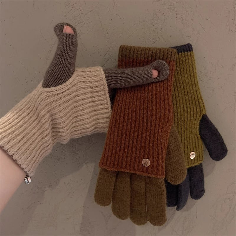 Milad Winter Dual-use Color-blocking Knitted Wool Gloves for Women, Fingerless, Touchscreen-compatible, Warm for Riding