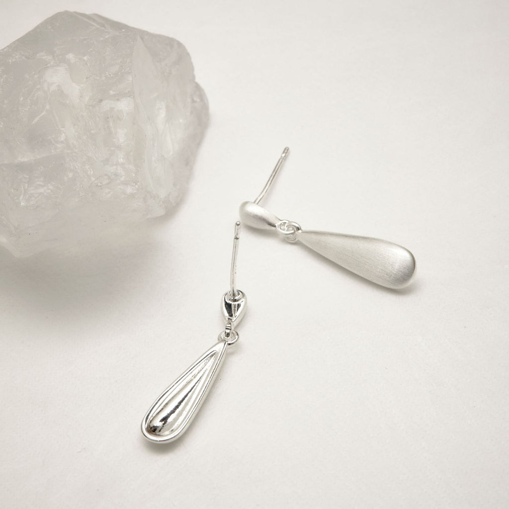 Silver Brushed Water Drop Earrings
