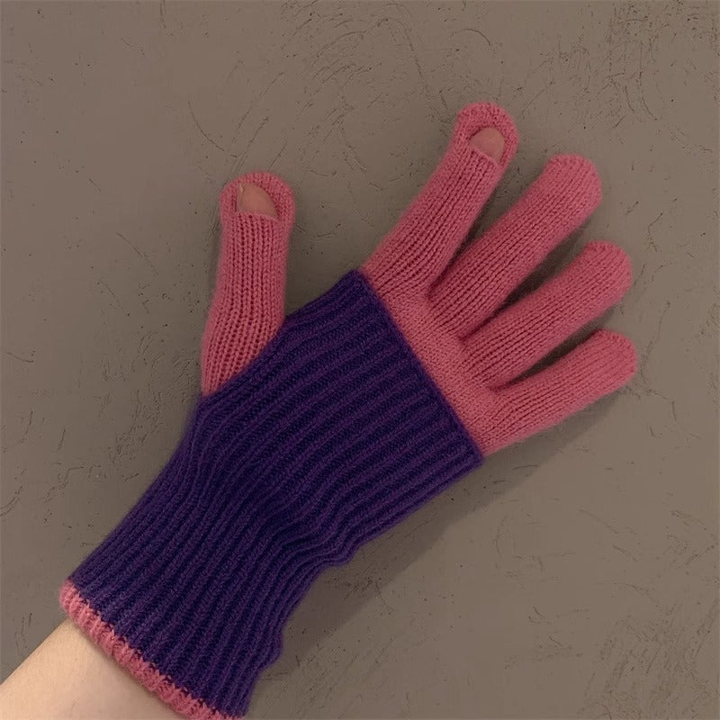 Milad Winter Dual-use Color-blocking Knitted Wool Gloves for Women, Fingerless, Touchscreen-compatible, Warm for Riding