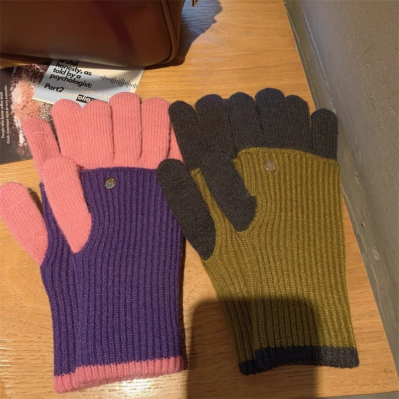 Milad Winter Dual-use Color-blocking Knitted Wool Gloves for Women, Fingerless, Touchscreen-compatible, Warm for Riding