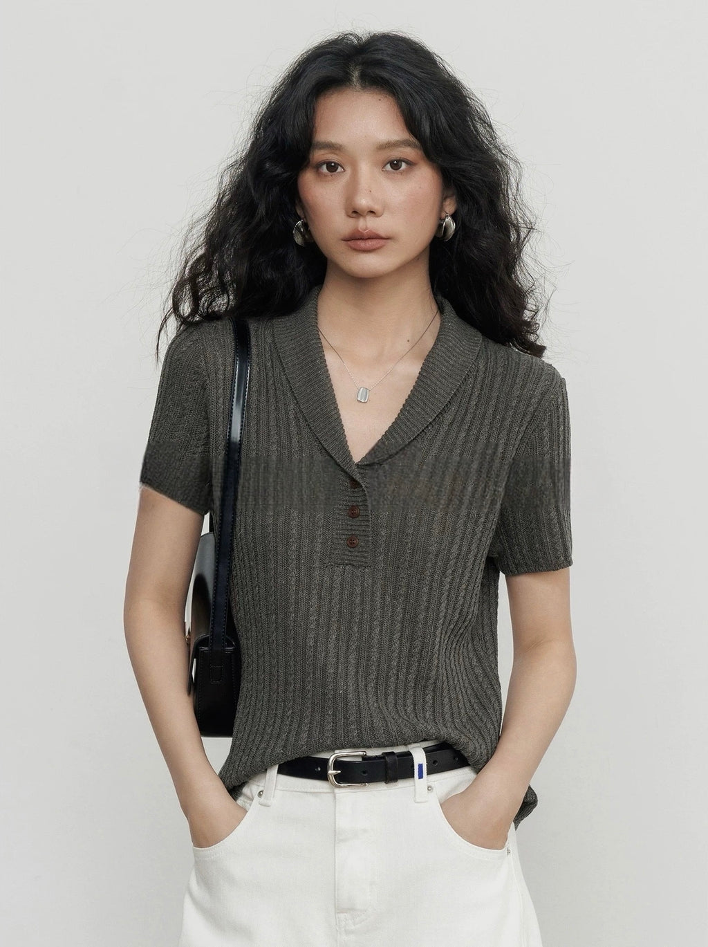 Lyocell Linen Blend Knit Polo Top