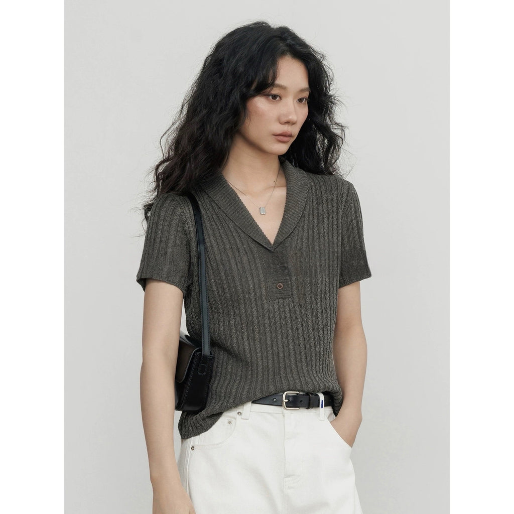 Lyocell Linen Blend Knit Polo Top