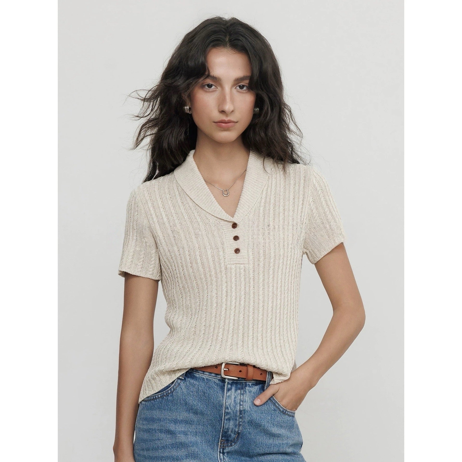 Lyocell Linen Blend Knit Polo Top