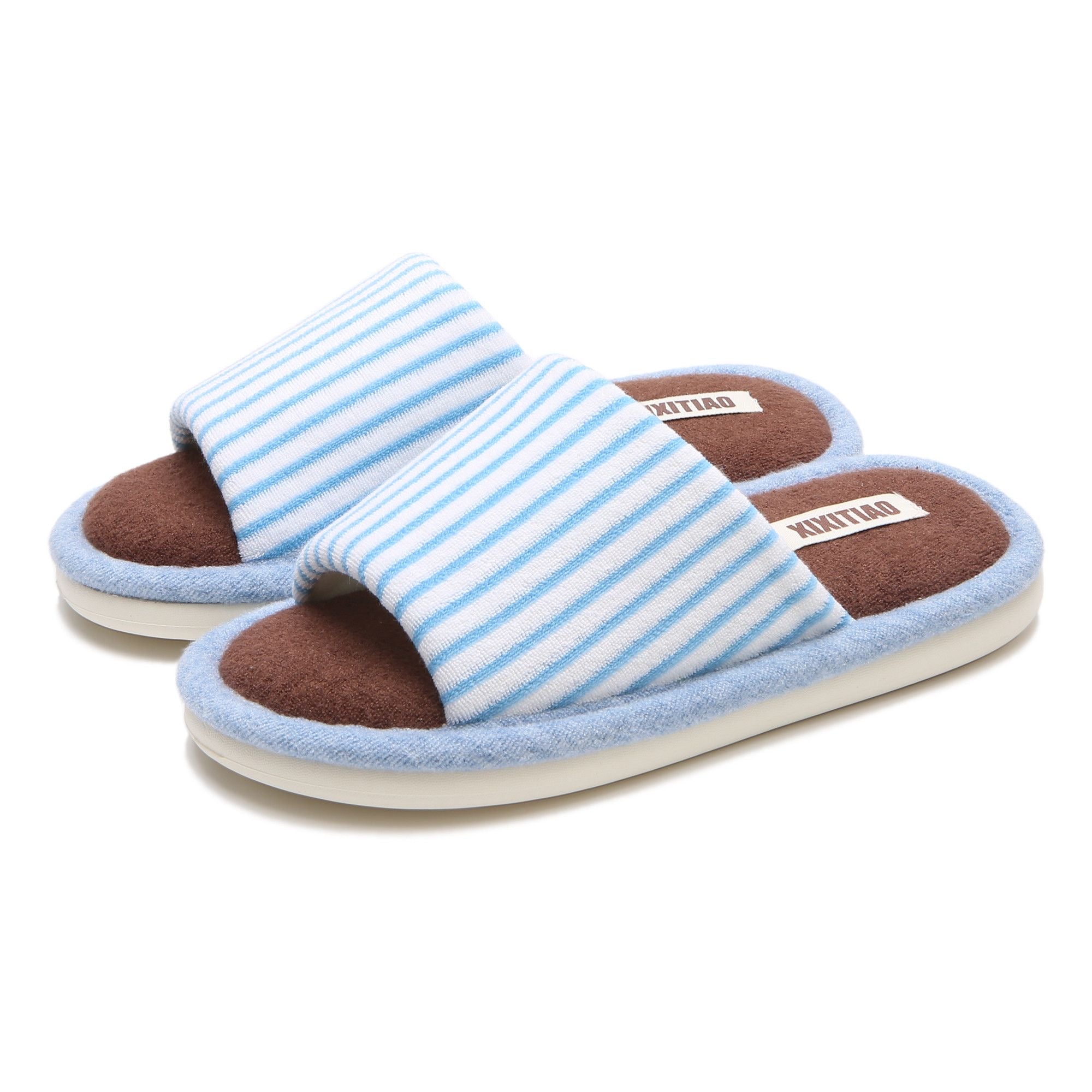 Soft Striped House Slippers for Women Men - Non-slip Indoor Bathroom Bedroom Slippers Light Blue