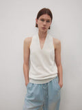 Lightweight, Breathable, and Dry Cotton Yarn Women's V-Neck Off-the-Shoulder Halter-Neck Knit Tank Top with Double-Layer Airy Front and Sheer Back