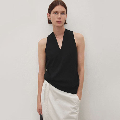 Lightweight, Breathable, and Dry Cotton Yarn Women's V-Neck Off-the-Shoulder Halter-Neck Knit Tank Top with Double-Layer Airy Front and Sheer Back