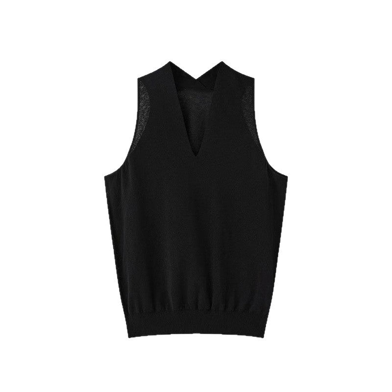 Lightweight, Breathable, and Dry Cotton Yarn Women's V-Neck Off-the-Shoulder Halter-Neck Knit Tank Top with Double-Layer Airy Front and Sheer Back
