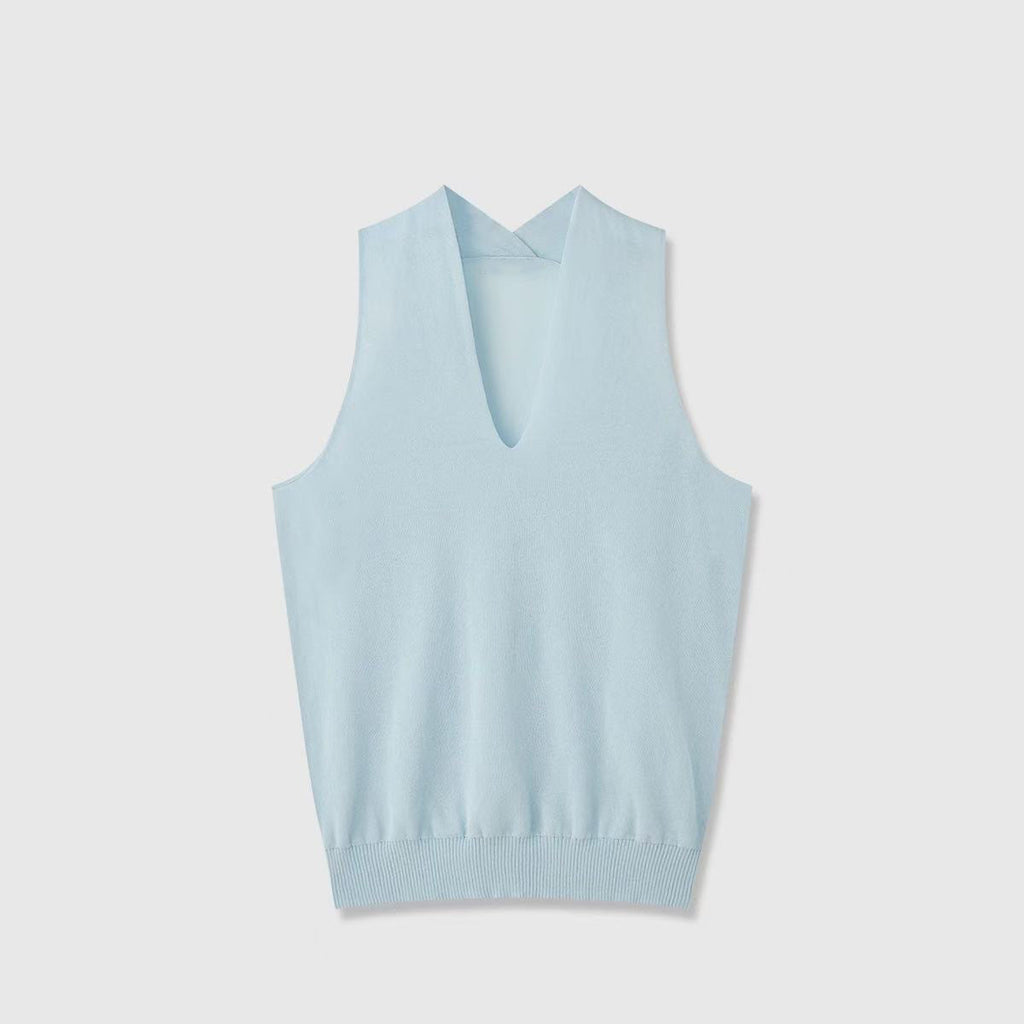 Lightweight, Breathable, and Dry Cotton Yarn Women's V-Neck Off-the-Shoulder Halter-Neck Knit Tank Top with Double-Layer Airy Front and Sheer Back