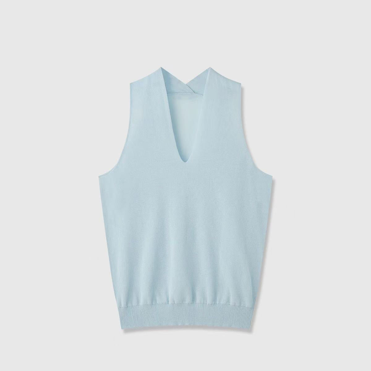 Lightweight, Breathable, and Dry Cotton Yarn Women's V-Neck Off-the-Shoulder Halter-Neck Knit Tank Top with Double-Layer Airy Front and Sheer Back