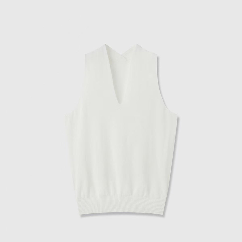 Lightweight, Breathable, and Dry Cotton Yarn Women's V-Neck Off-the-Shoulder Halter-Neck Knit Tank Top with Double-Layer Airy Front and Sheer Back