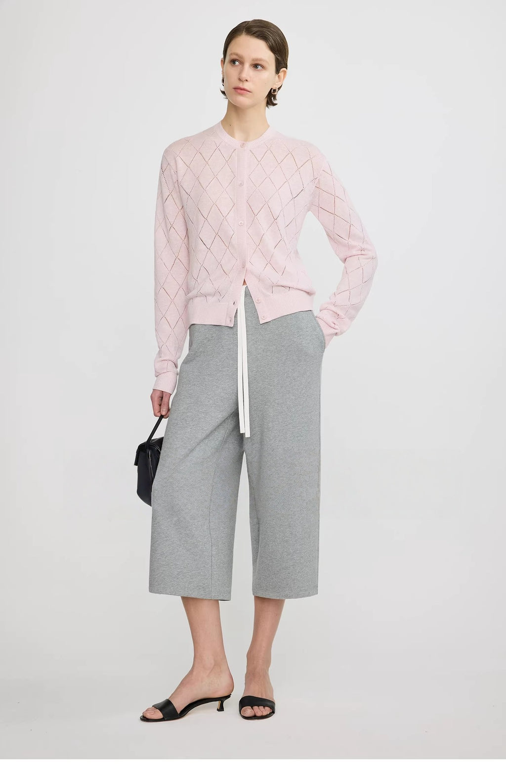 Lightweight, Soft, and Supple Wool-Linen Blend: Trendy Preppy-Style Diamond-Patterned Openwork U-Neck Knit Cardigan