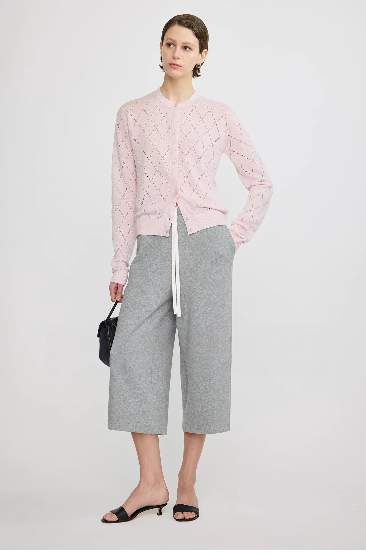 Lightweight, Soft, and Supple Wool-Linen Blend: Trendy Preppy-Style Diamond-Patterned Openwork U-Neck Knit Cardigan