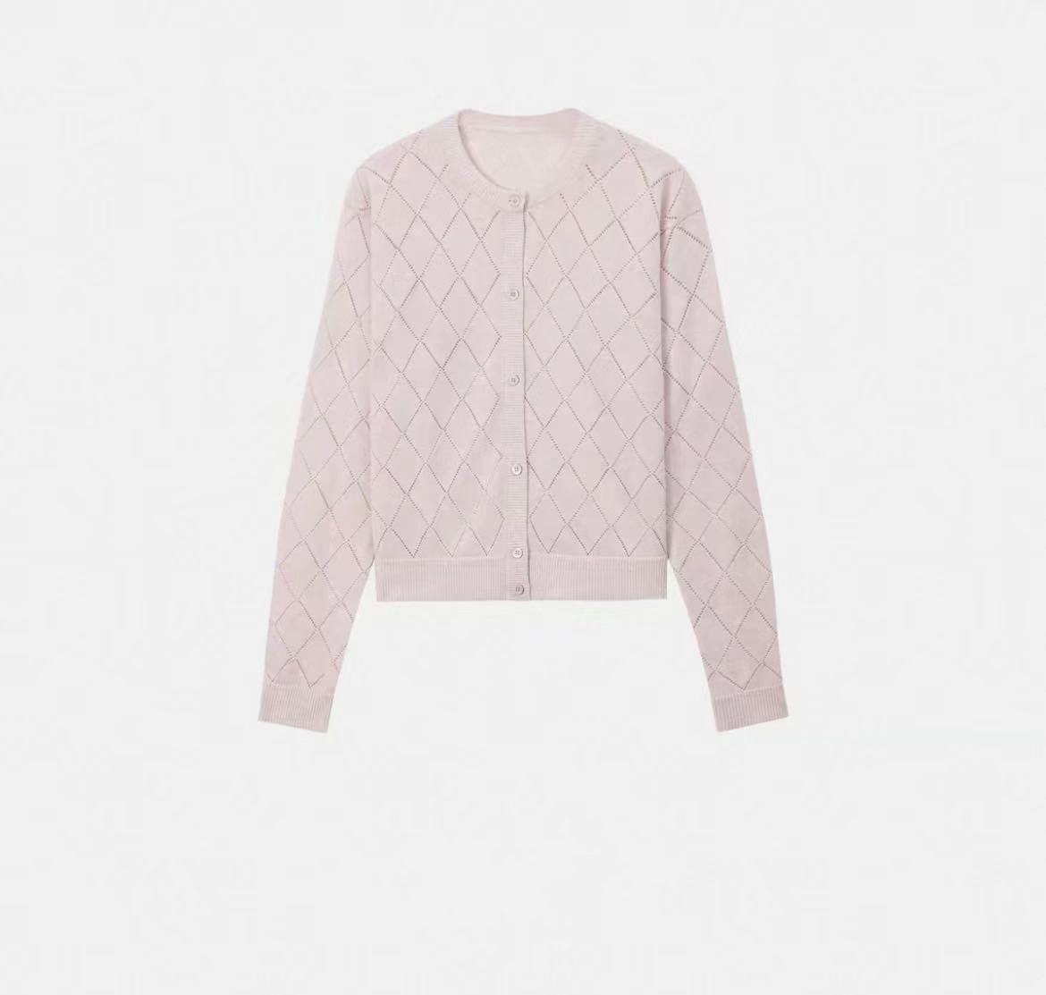 Lightweight, Soft, and Supple Wool-Linen Blend: Trendy Preppy-Style Diamond-Patterned Openwork U-Neck Knit Cardigan