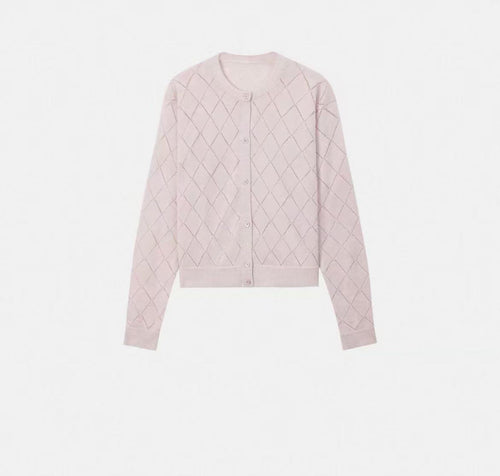 Lightweight, Soft, and Supple Wool-Linen Blend: Trendy Preppy-Style Diamond-Patterned Openwork U-Neck Knit Cardigan