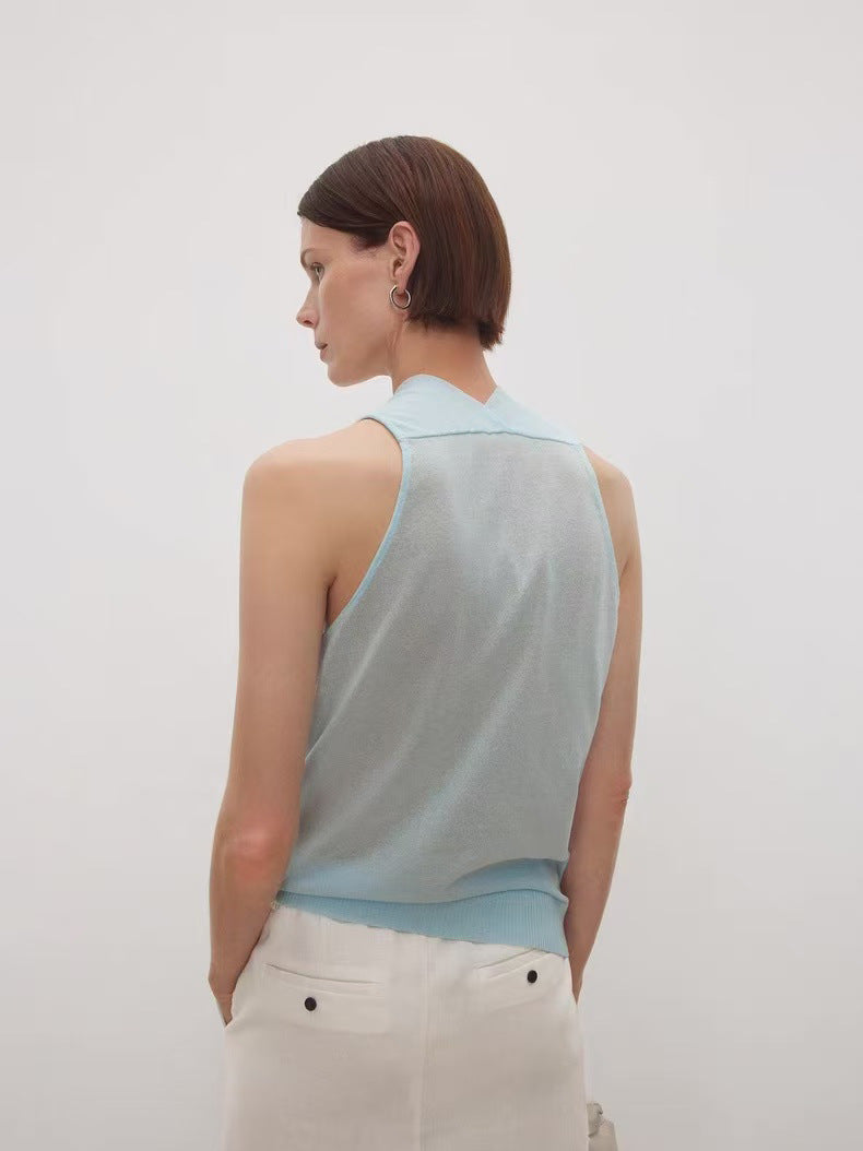 Lightweight, Breathable, and Dry Cotton Yarn Women's V-Neck Off-the-Shoulder Halter-Neck Knit Tank Top with Double-Layer Airy Front and Sheer Back