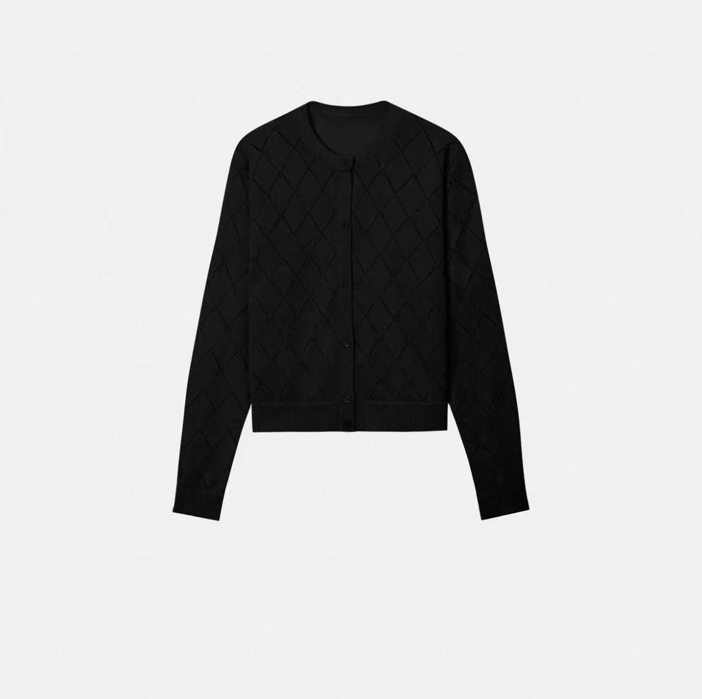 Lightweight, Soft, and Supple Wool-Linen Blend: Trendy Preppy-Style Diamond-Patterned Openwork U-Neck Knit Cardigan