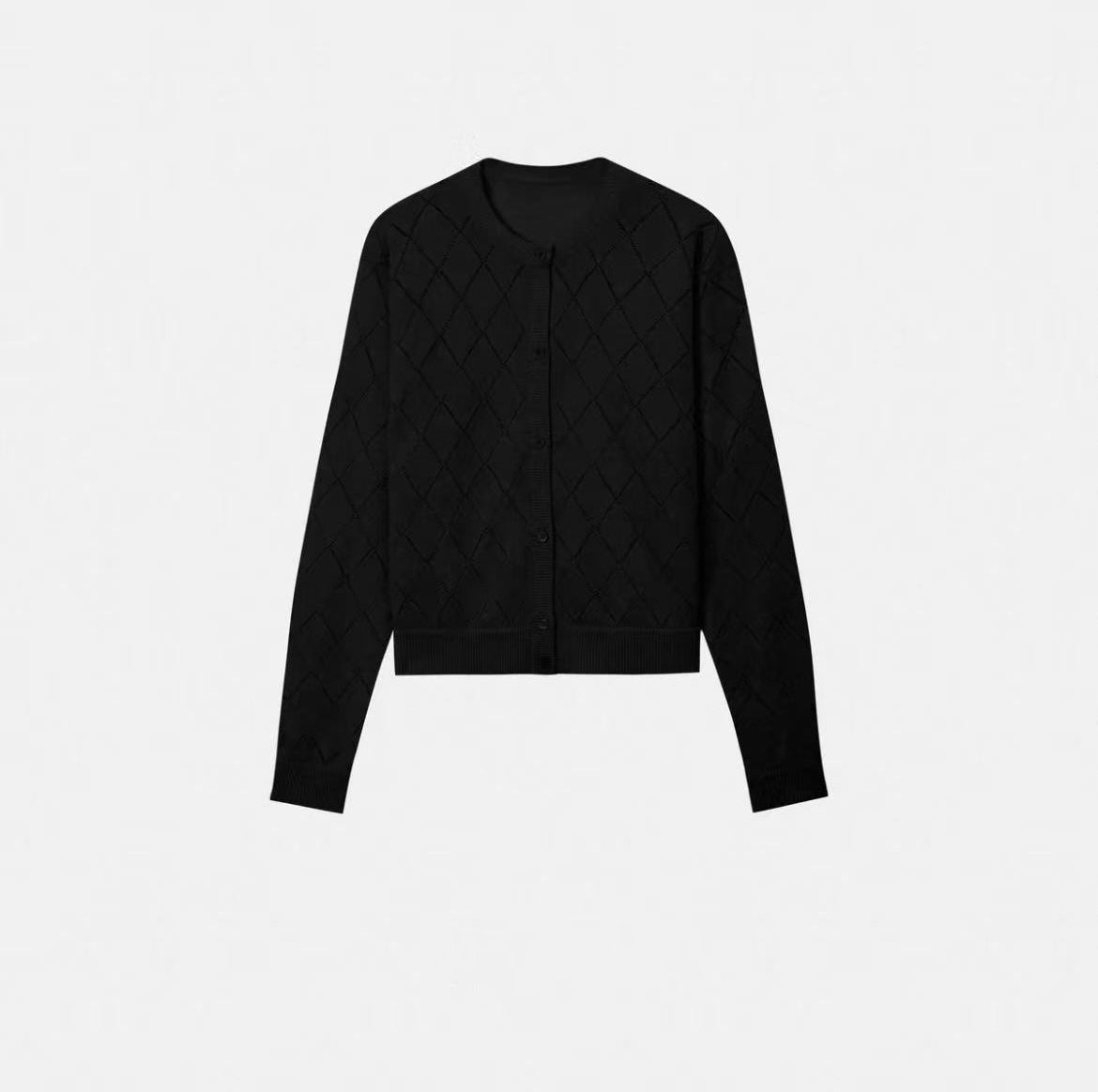 Lightweight, Soft, and Supple Wool-Linen Blend: Trendy Preppy-Style Diamond-Patterned Openwork U-Neck Knit Cardigan