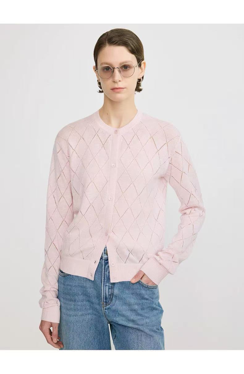 Lightweight, Soft, and Supple Wool-Linen Blend: Trendy Preppy-Style Diamond-Patterned Openwork U-Neck Knit Cardigan