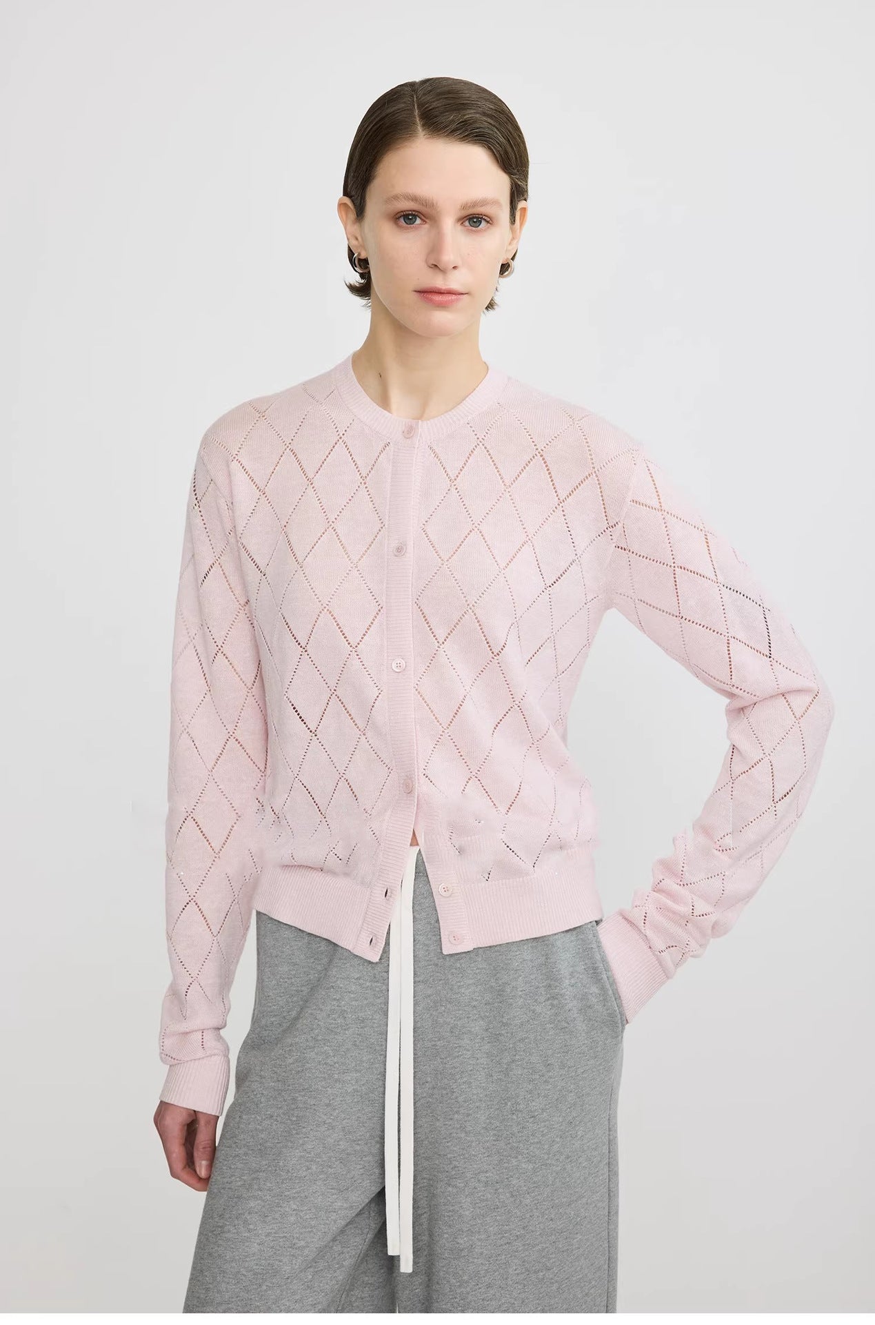 Lightweight, Soft, and Supple Wool-Linen Blend: Trendy Preppy-Style Diamond-Patterned Openwork U-Neck Knit Cardigan