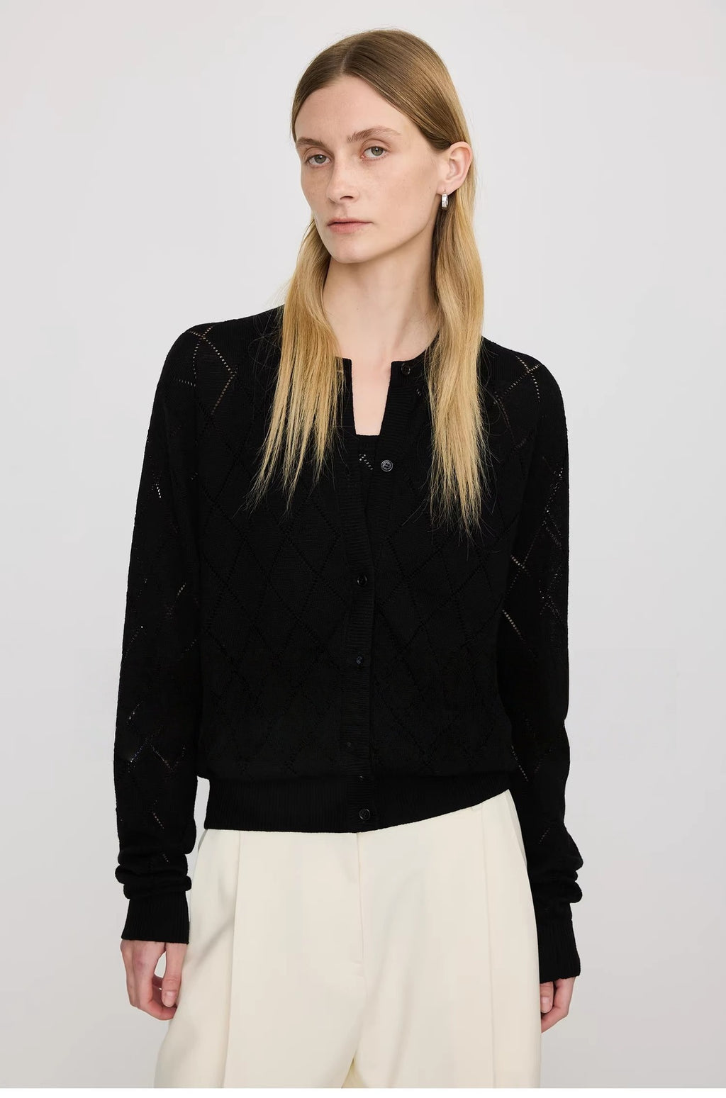 Lightweight, Soft, and Supple Wool-Linen Blend: Trendy Preppy-Style Diamond-Patterned Openwork U-Neck Knit Cardigan