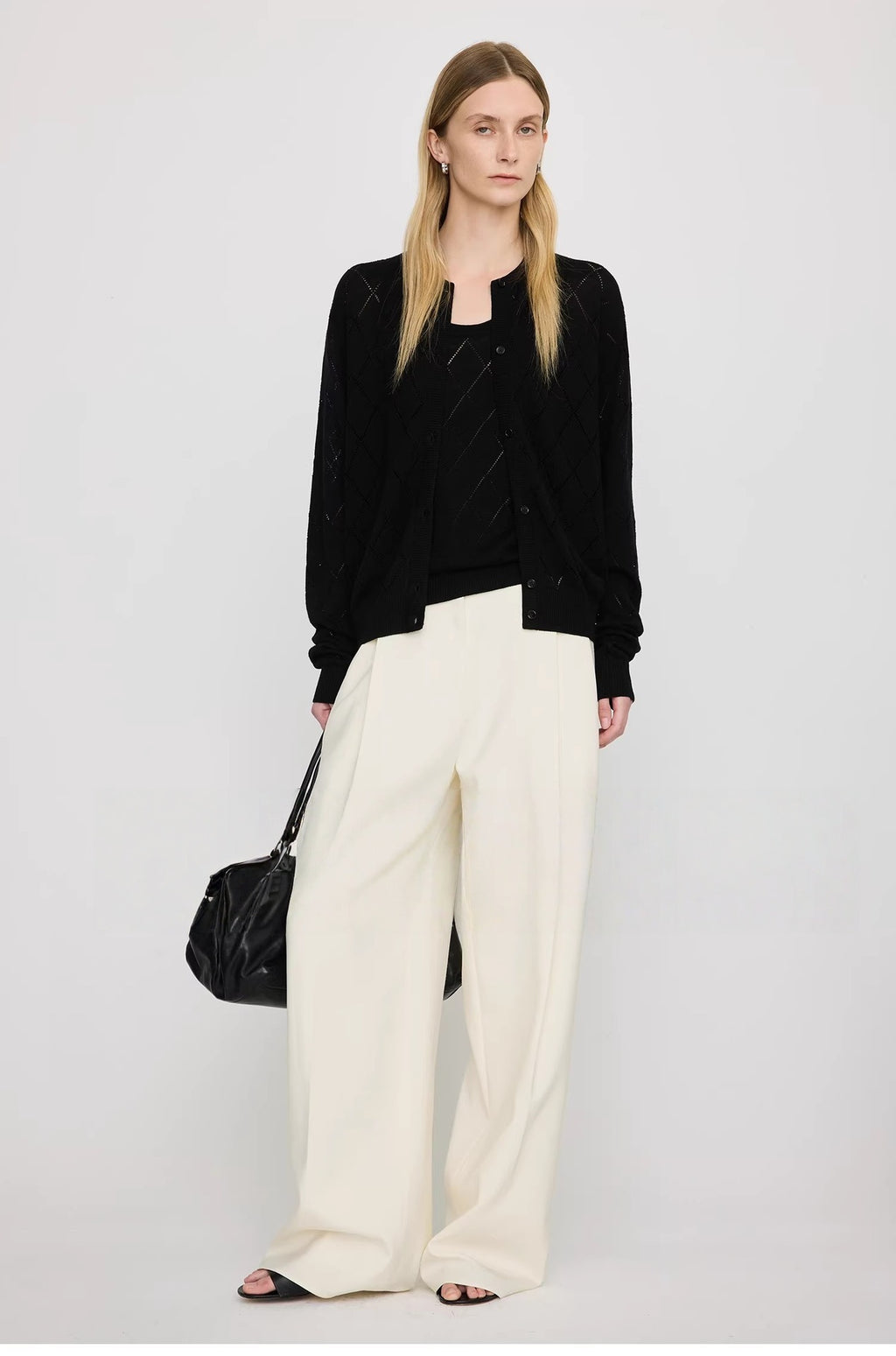 Lightweight, Soft, and Supple Wool-Linen Blend: Trendy Preppy-Style Diamond-Patterned Openwork U-Neck Knit Cardigan