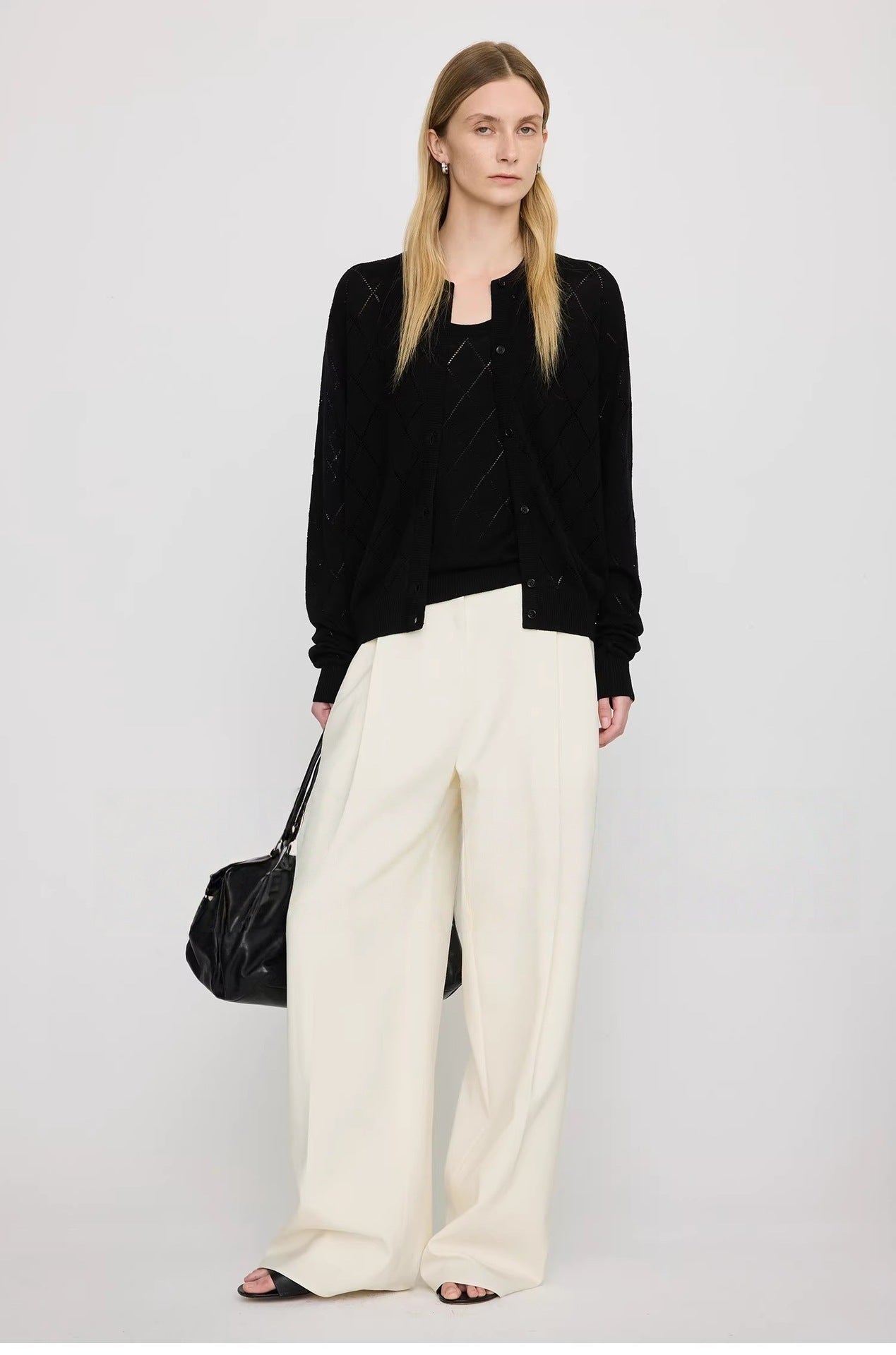 Lightweight, Soft, and Supple Wool-Linen Blend: Trendy Preppy-Style Diamond-Patterned Openwork U-Neck Knit Cardigan