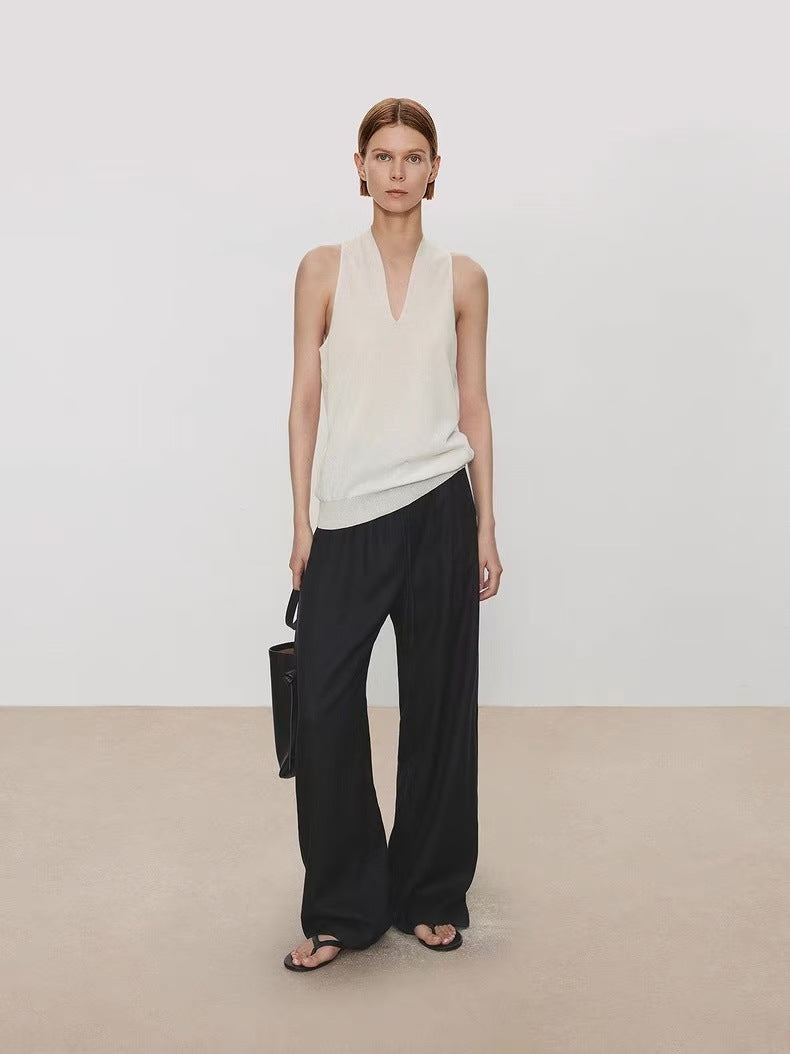 Lightweight, Breathable, and Dry Cotton Yarn Women's V-Neck Off-the-Shoulder Halter-Neck Knit Tank Top with Double-Layer Airy Front and Sheer Back