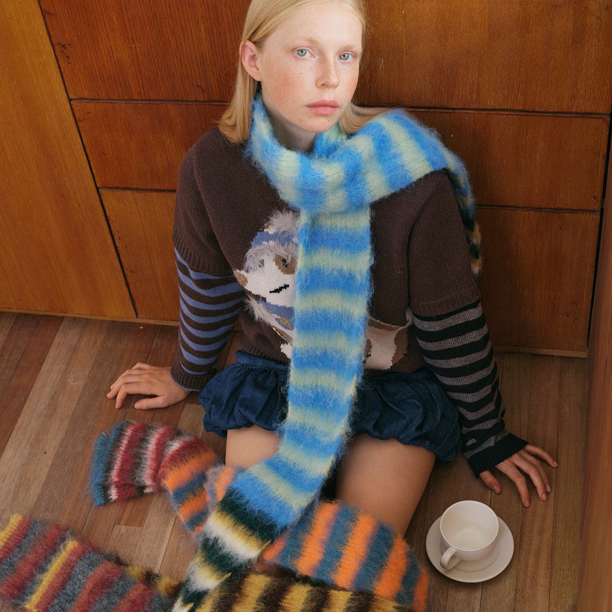 Korean Designer Custom Color-Block Striped Knitted Scarf for Women, Autumn and Winter, Niche, Thin, Soft, Soft Yarn Neck Warmer