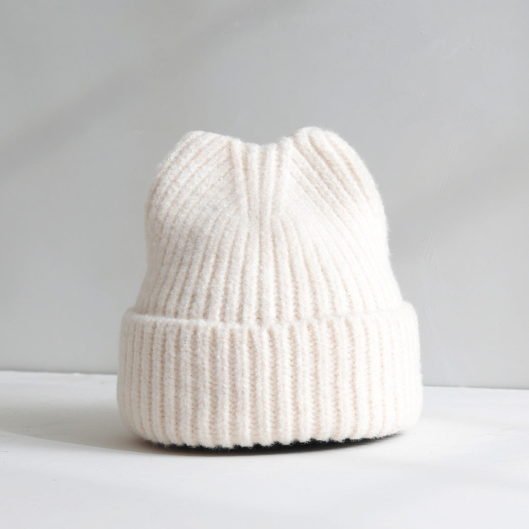 Cute Cat Ear Hat for Women, Autumn and Winter New Thickened Warm Knitted Hat, Korean Style Simple Fashion Wool Hat