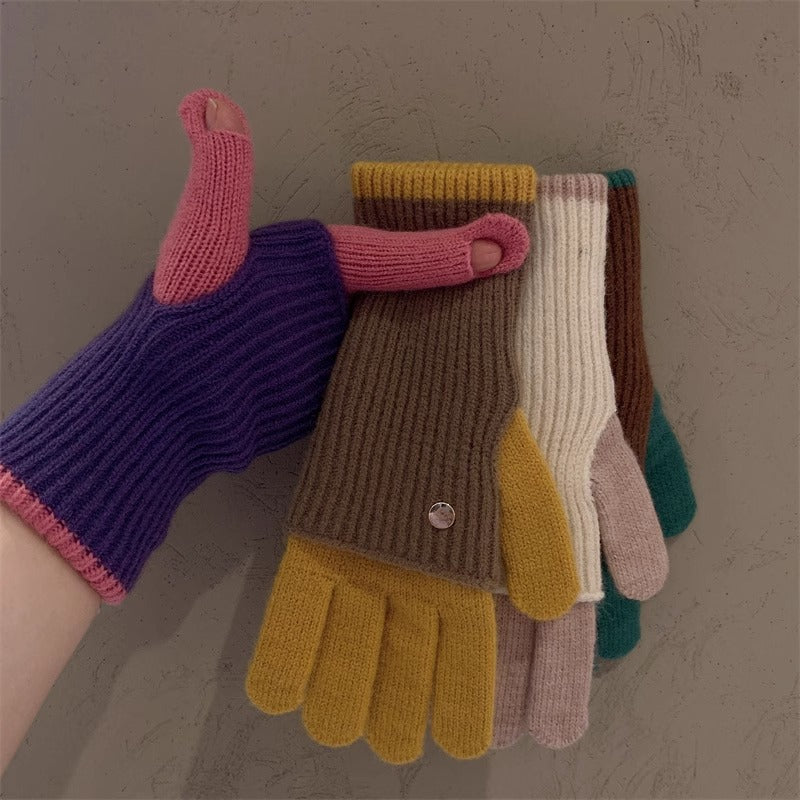 Milad Winter Dual-use Color-blocking Knitted Wool Gloves for Women, Fingerless, Touchscreen-compatible, Warm for Riding