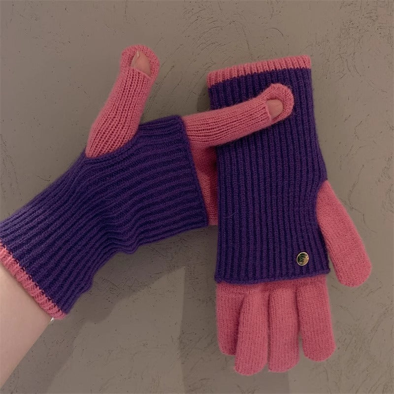 Milad Winter Dual-use Color-blocking Knitted Wool Gloves for Women, Fingerless, Touchscreen-compatible, Warm for Riding