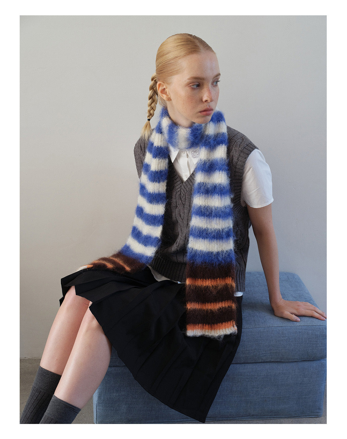Korean Designer Custom Color-Block Striped Knitted Scarf for Women, Autumn and Winter, Niche, Thin, Soft, Soft Yarn Neck Warmer