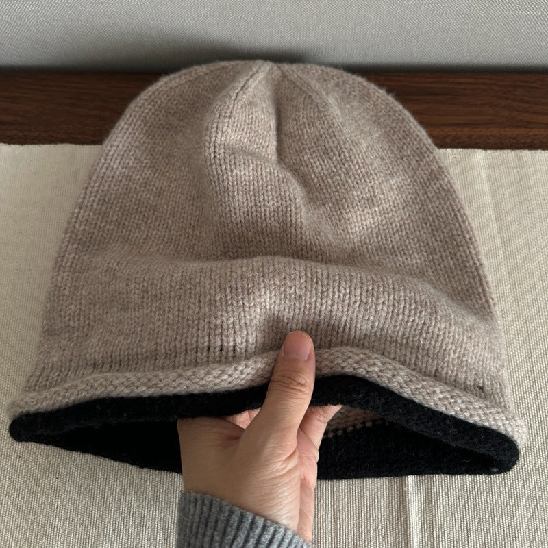 100% Wool Pure Wool Double-Sided Slouchy Beanie for Women, Autumn and Winter Cool High Elasticity Knitted Hat