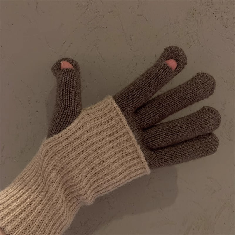 Milad Winter Dual-use Color-blocking Knitted Wool Gloves for Women, Fingerless, Touchscreen-compatible, Warm for Riding