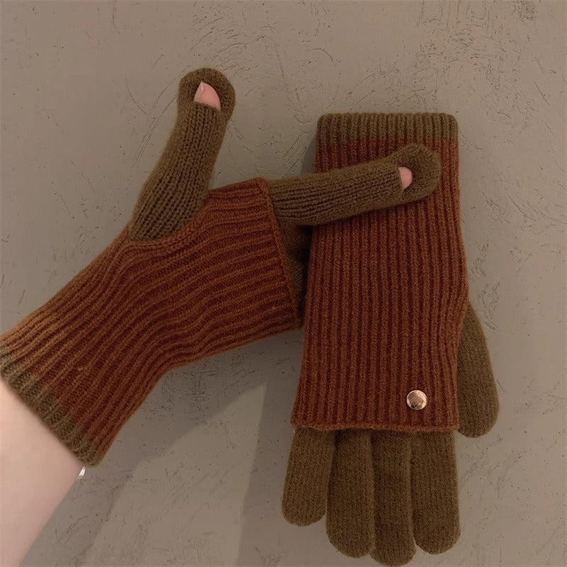 Milad Winter Dual-use Color-blocking Knitted Wool Gloves for Women, Fingerless, Touchscreen-compatible, Warm for Riding