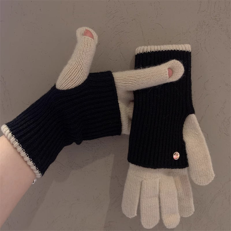 Milad Winter Dual-use Color-blocking Knitted Wool Gloves for Women, Fingerless, Touchscreen-compatible, Warm for Riding
