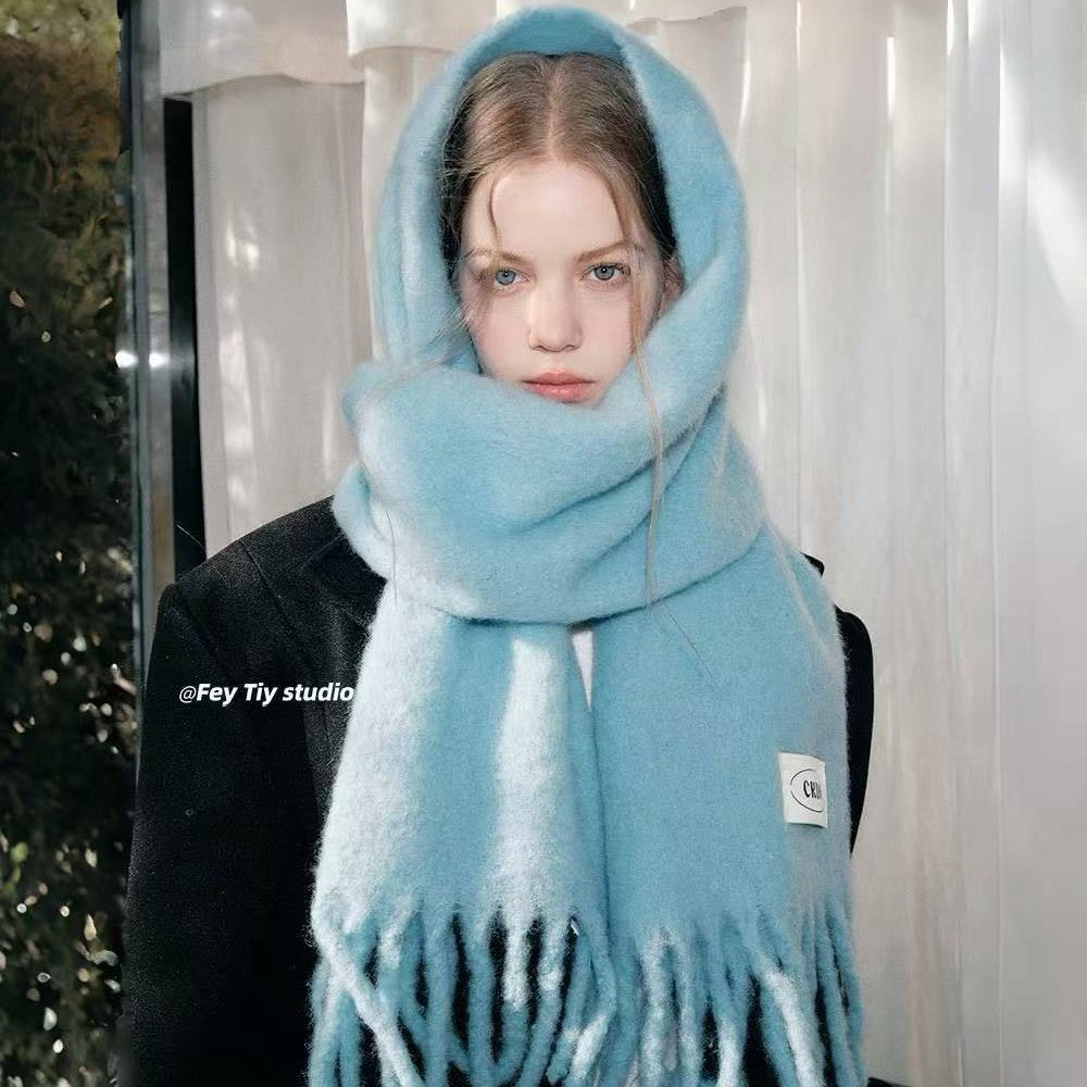 Atmospheric Wool Simple Solid Color Scarf for Women Iceland Blue Autumn Winter Warm Versatile European and American Style Mohair Shawl