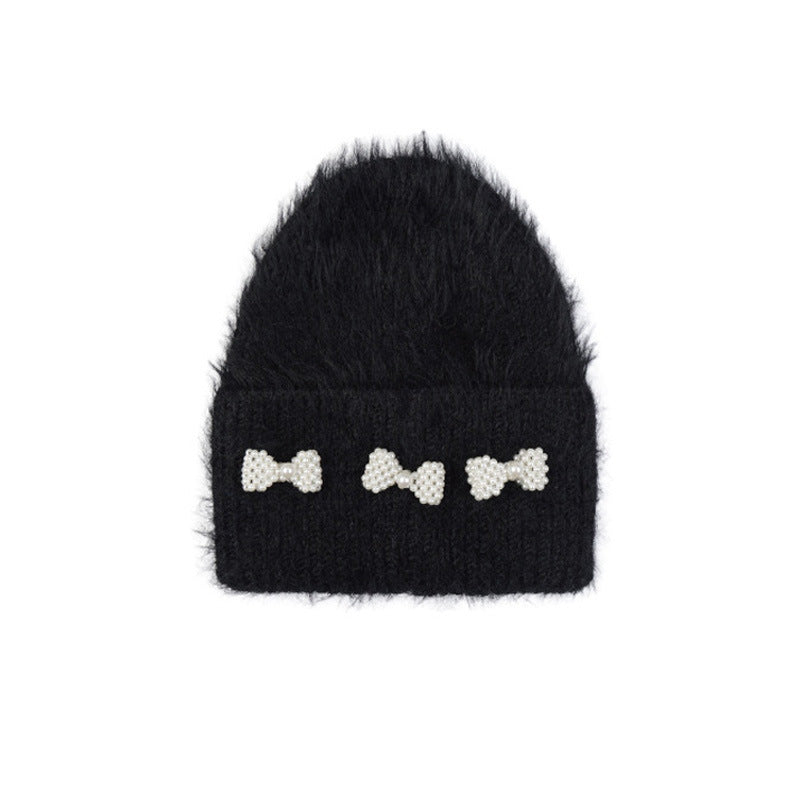 Pearl Bowknot Solid Color Knitted Hat for Women, Autumn and Winter, Girly Atmosphere Long Wool Knitted Hat