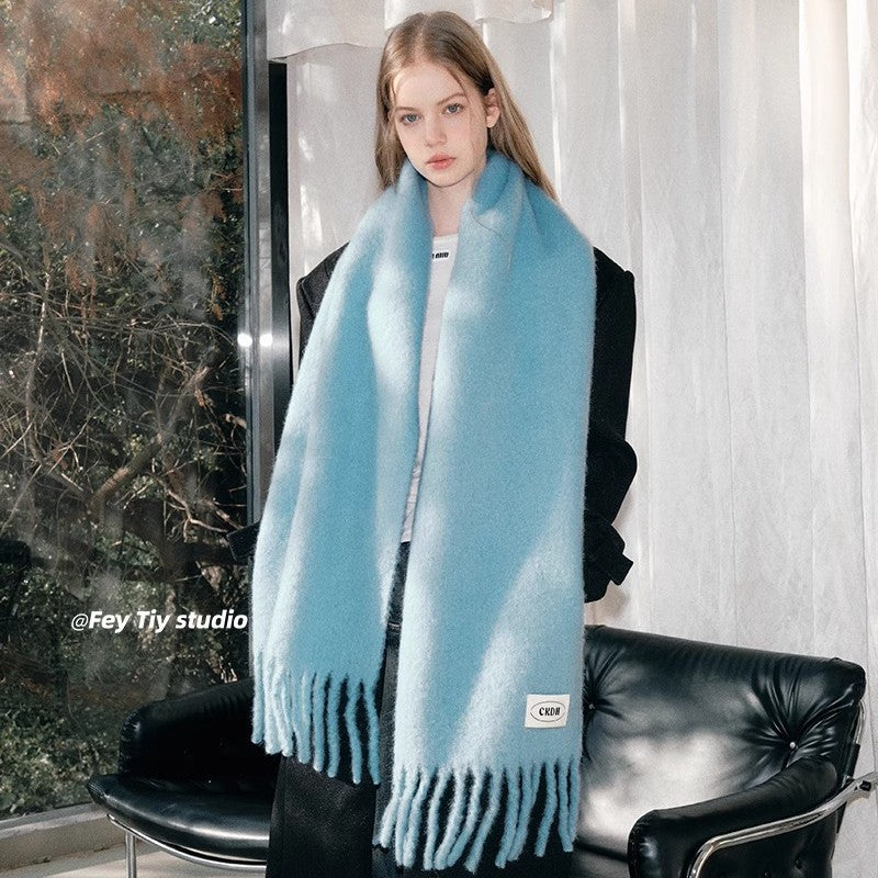 Atmospheric Wool Simple Solid Color Scarf for Women Iceland Blue Autumn Winter Warm Versatile European and American Style Mohair Shawl