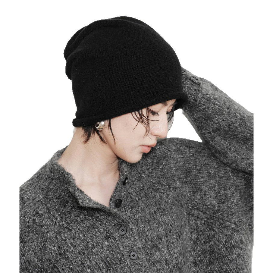 High-Quality Soft Cashmere Wool Knitted Hat for Men and Women, Autumn and Winter Simple High-End Feel, Rolled Edge Slouchy Beanie