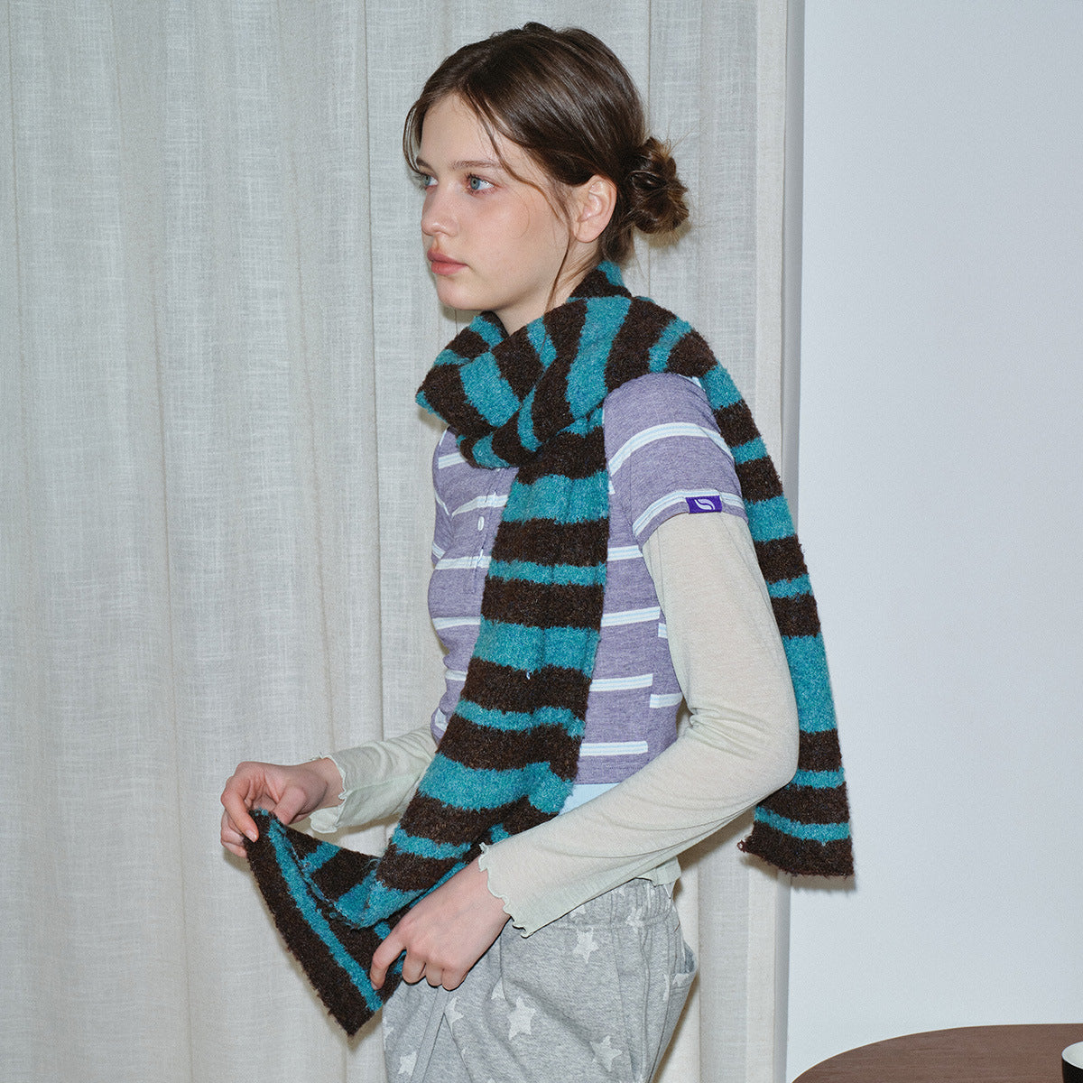 Designer Korean Style Circle Striped Knitted Scarf for Women Winter Soft Retro Color-Block Atmosphere Knitted Neck Warmer