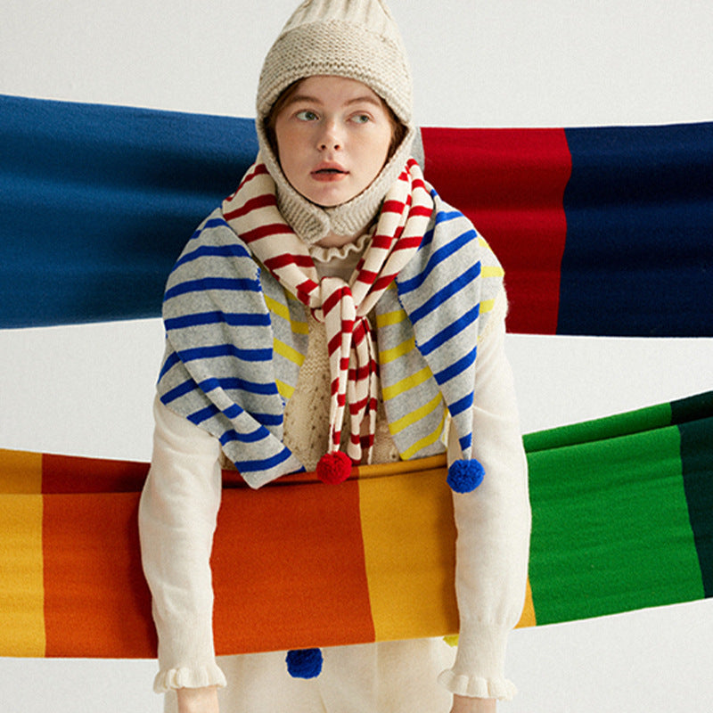 Handmade Ball Stripe Triangle Scarf New Warm Neck Scarf Stripe Neck Scarf Outerwear Shawl