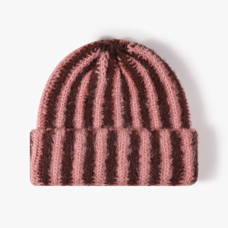 Korean Style Color-Block Striped Double-Layer Knitted Hat Thickened Autumn Winter Versatile Fashion Trendy Ins Style Rolled Edge Wool Hat for Women