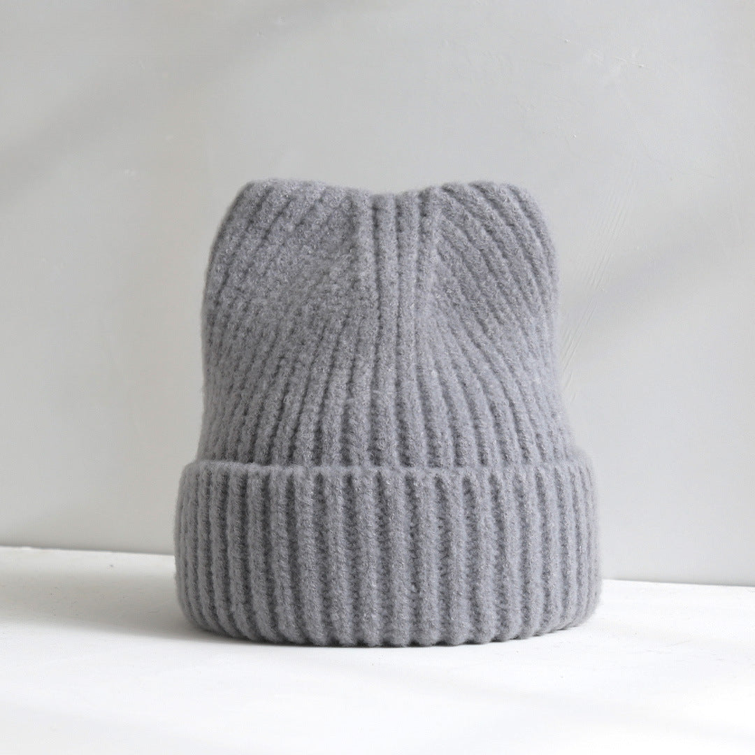 Cute Cat Ear Hat for Women, Autumn and Winter New Thickened Warm Knitted Hat, Korean Style Simple Fashion Wool Hat